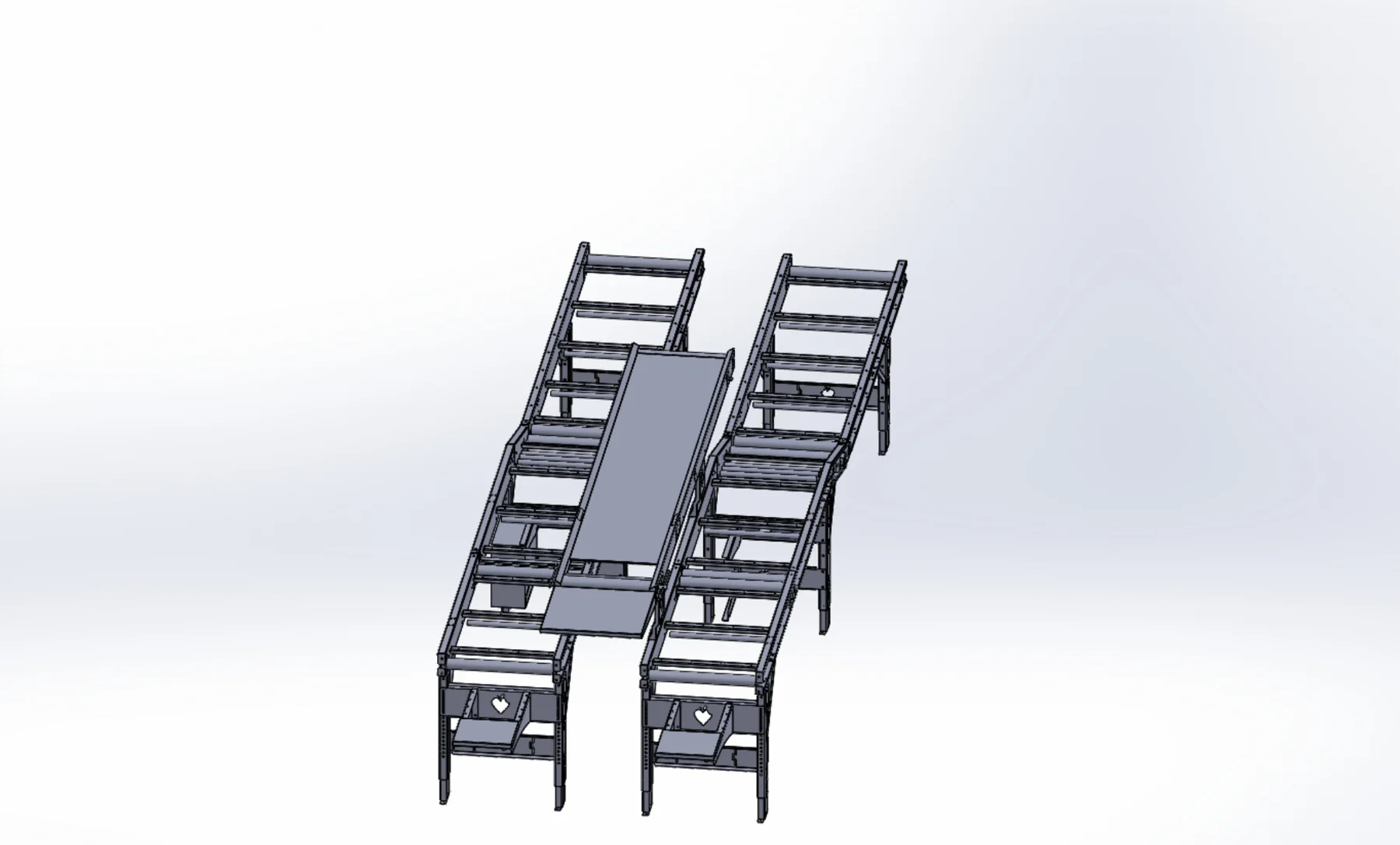 CAD model of twin gooseneck tray feeder conveyor assemblies