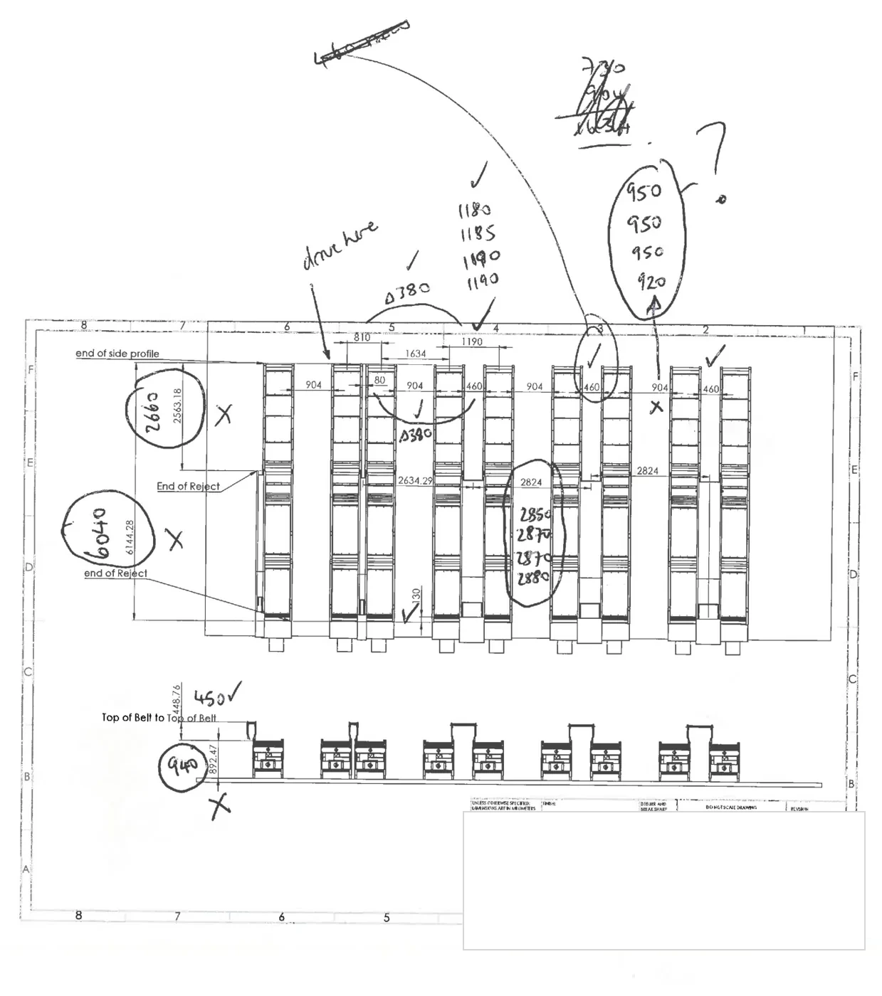 Anonymised marked packhouse layout drawing with gooseneck tray feeder notes