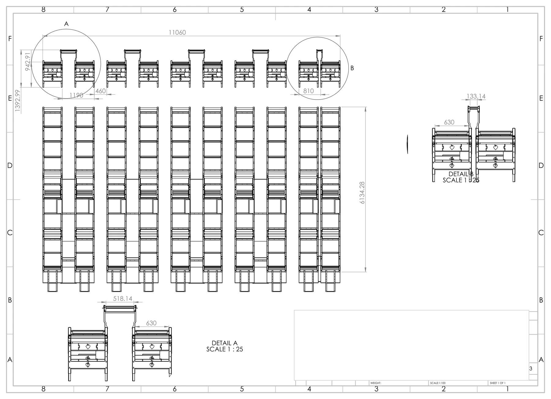 Anonymised packhouse gooseneck tray feeder layout at 1190 millimetre centres