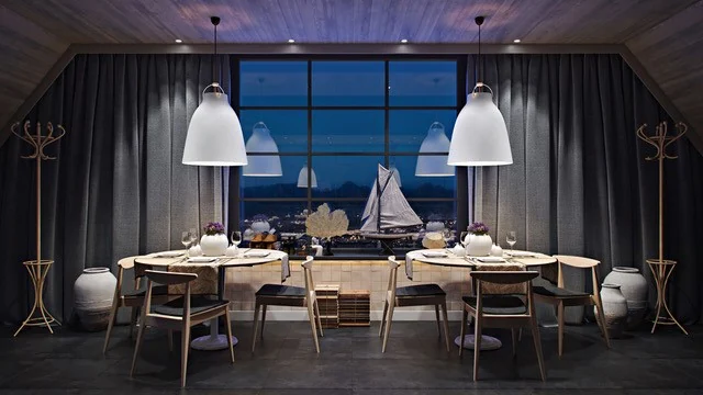 Warm copper pendant lighting creating a calm dining room atmosphere