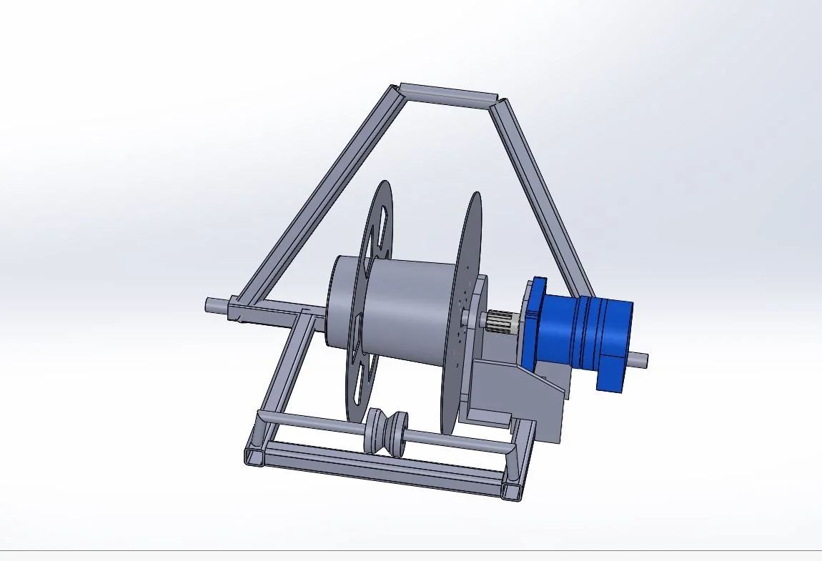 Side CAD model of PTO winding unit with frame and spool