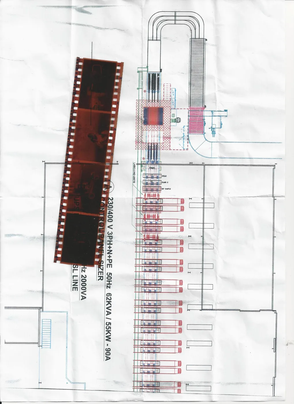Hand marked layout drawing for the orchard sorting line