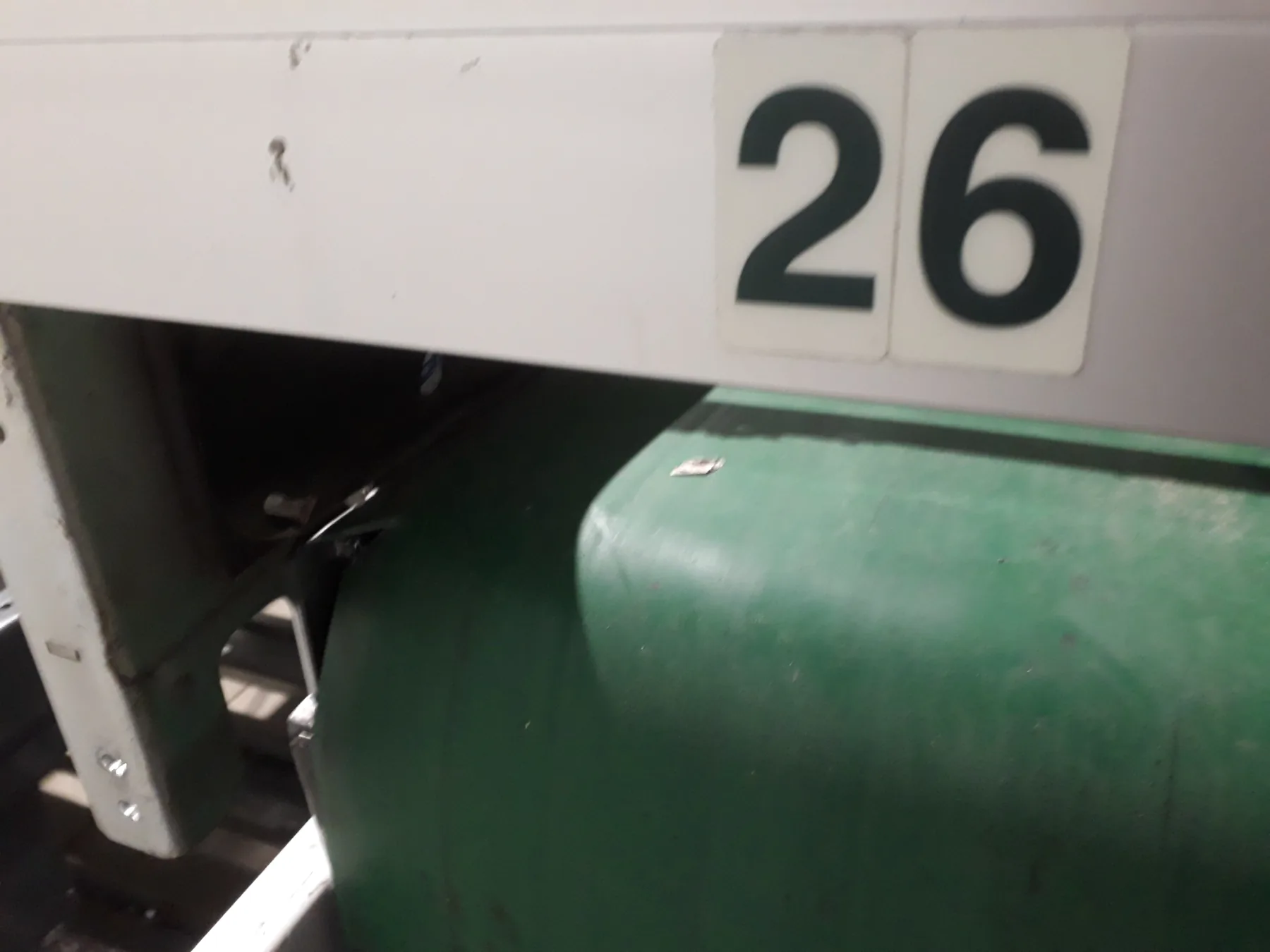 Close detail of a green belt interface on an apple sorting machine