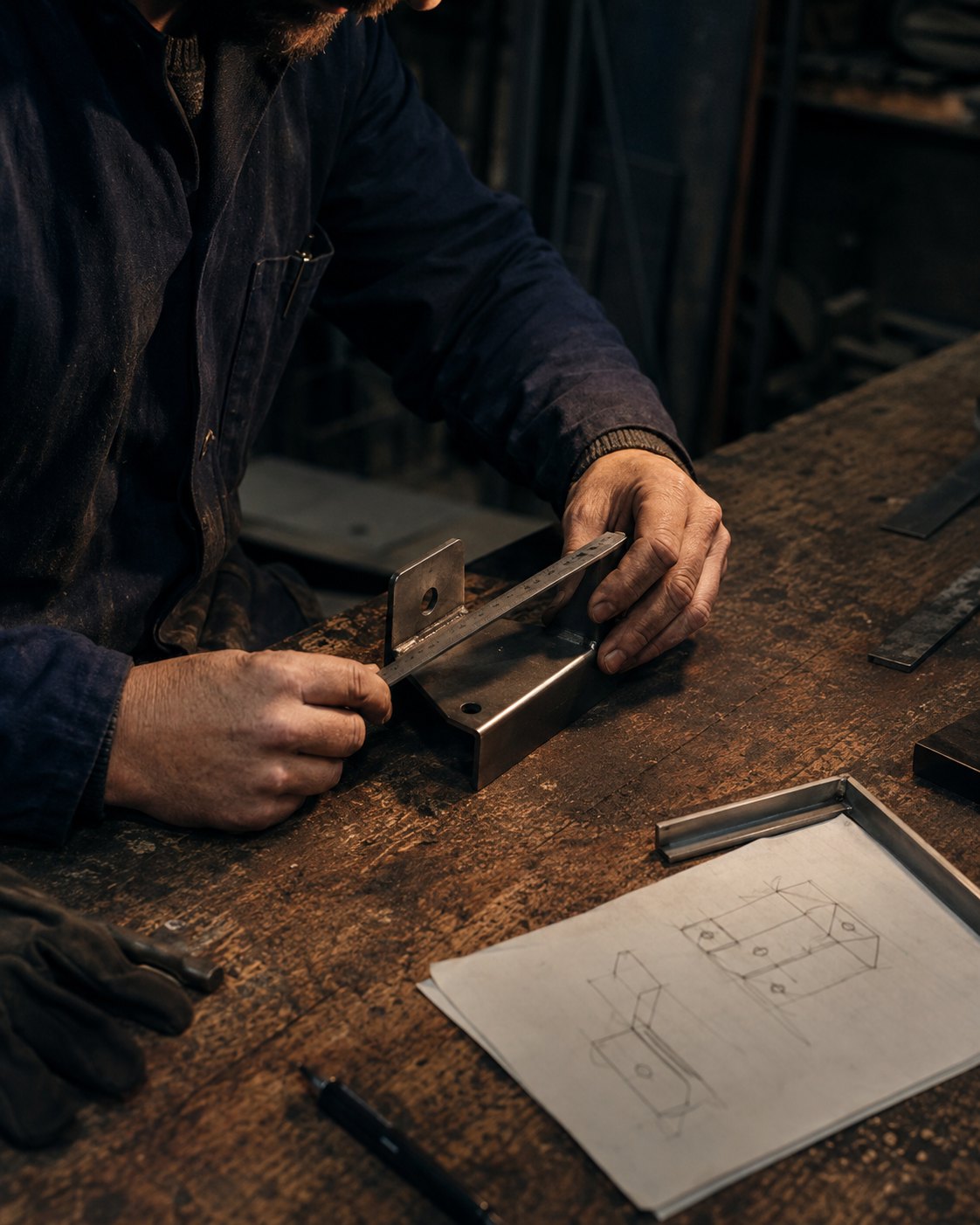 A maker working with a steel prototype at a workshop bench